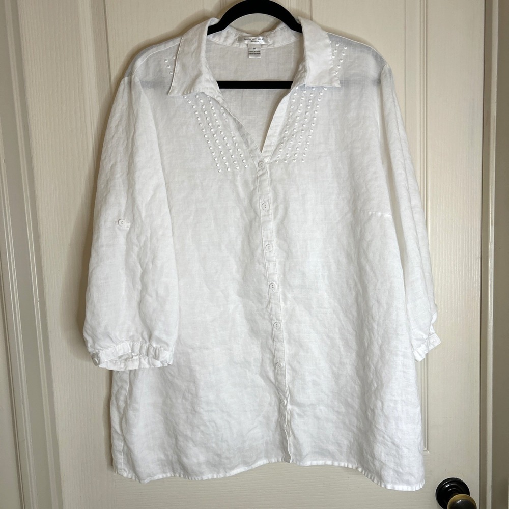 August silk linen roll tab sleeve sz 1X embroidery